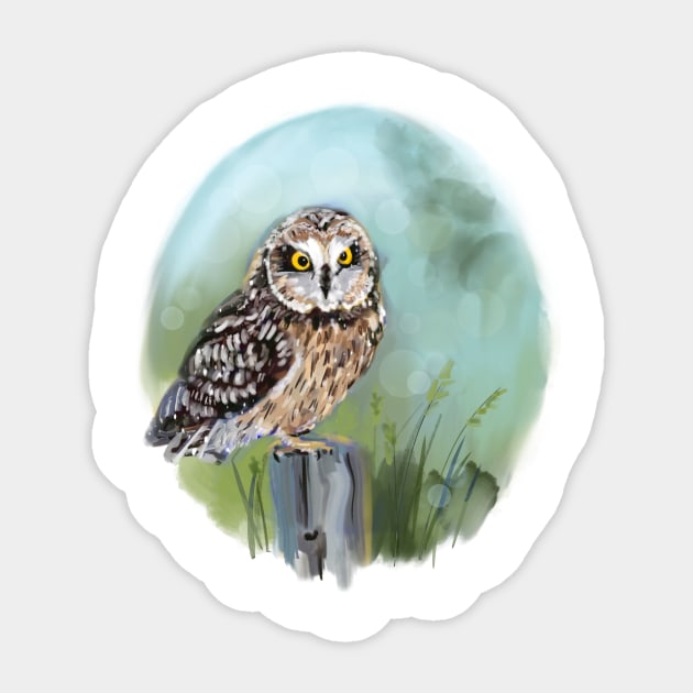 Short eared owl on blue Sticker by Orangerinka